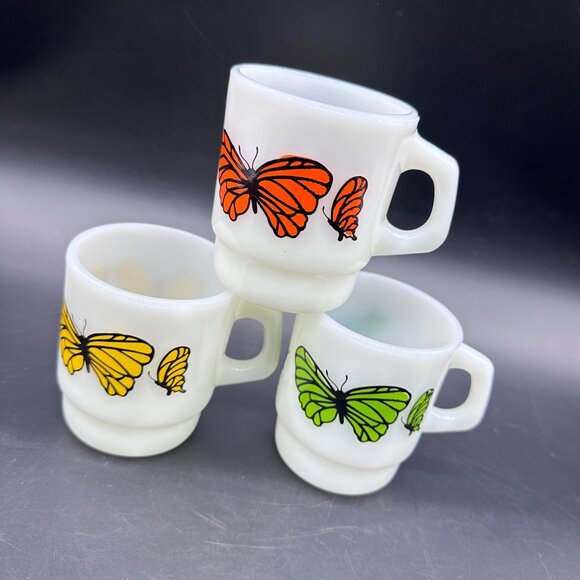 Anchor Hocking Other - Vintage Milk Glass Mugs Rainbow Butterflies Anchor Hocking USA 70s Stacking Cups